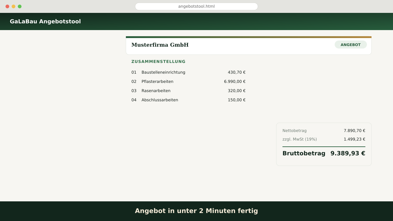 Zusammenstellung und Summenübersicht im Angebots-Tool